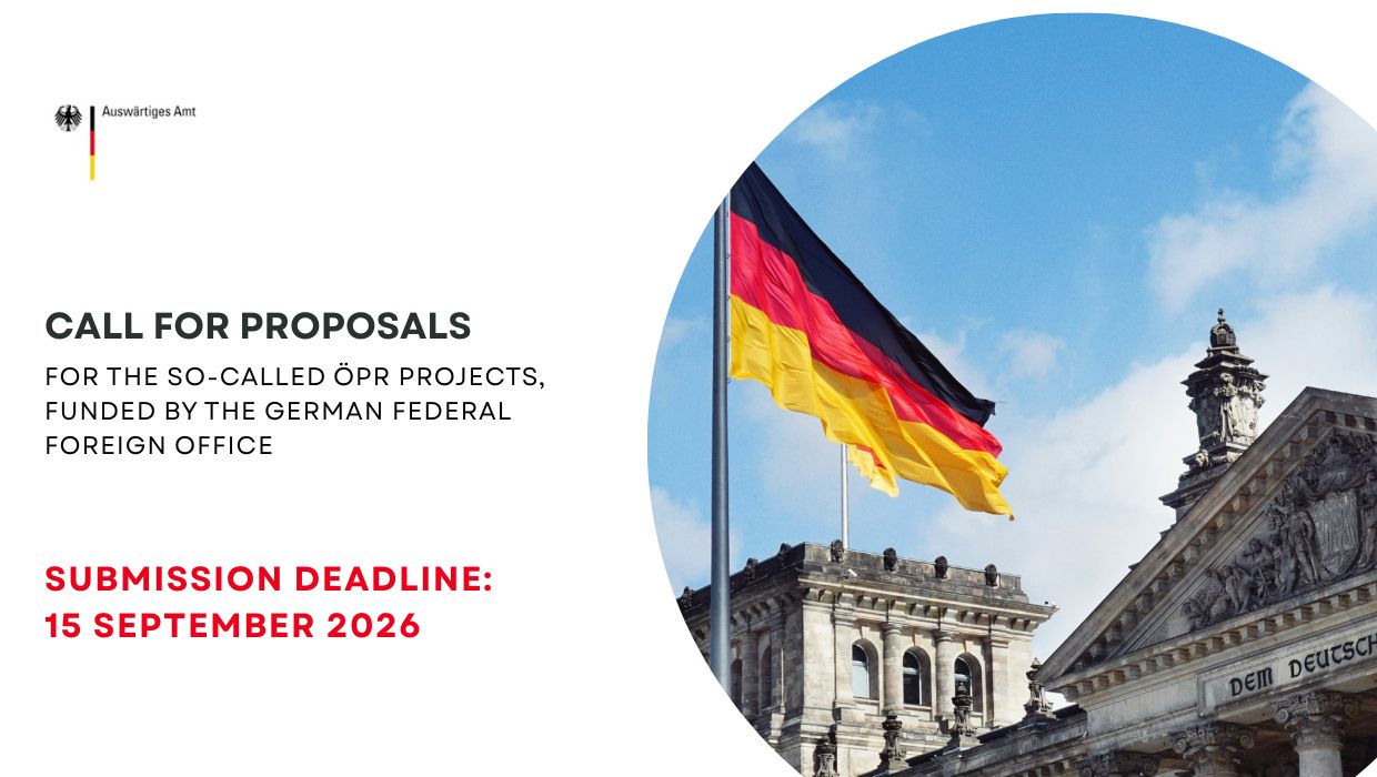 Call for Proposals for the ÖPR projects (German Federal Foreign Office)Projects are eligible for funding if implemented in Germany, Ukraine, Armenia, Azerbaijan, Belarus, Georgia, the Republic of Moldova or Russia, involving at least one partner from Germany and one from a target country. The minimum funding amount is 50,000 euro, and proposals can be submitted until 15 September 2026 exclusively via http://oepr.diplo.de.