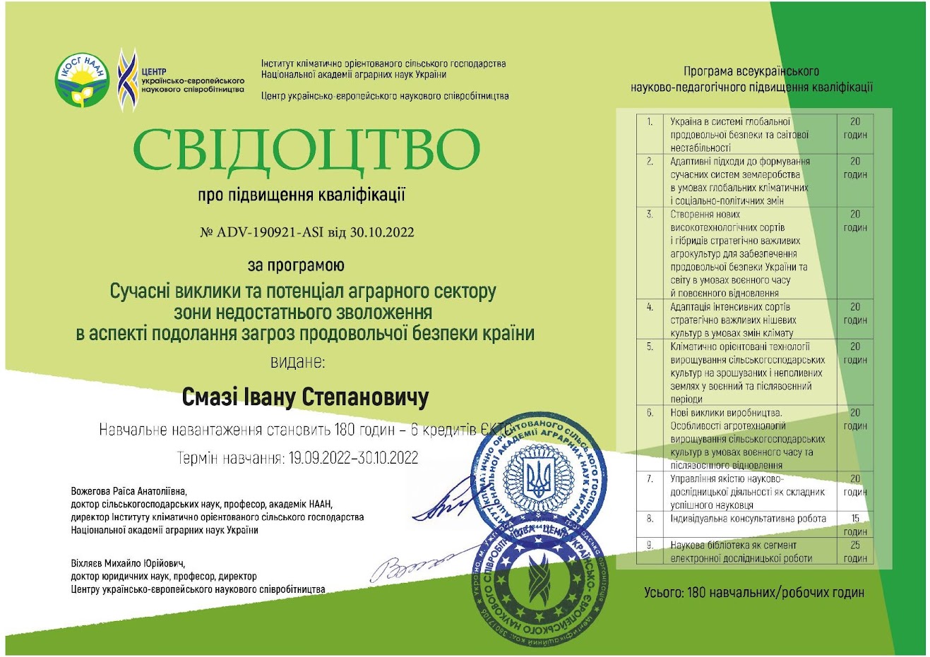 Смага І.С. отримав свідоцтво про підвищення кваліфікації №ADV-190921-ASI від 30.10.2022 р. за програмою "Сучасні виклики та потенціал аграрного сектору зони недостатнього зволоження в аспекті подолання загроз продовольчої бепеки країни".
