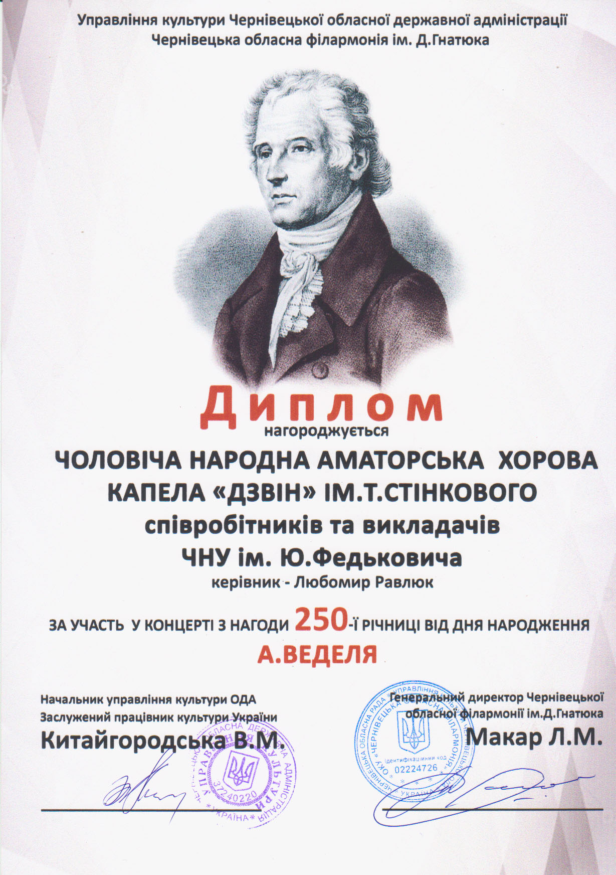Диплом-нагорода за участь у концерті з нагоди 250-ї річниці від дня народження А. Веделя
