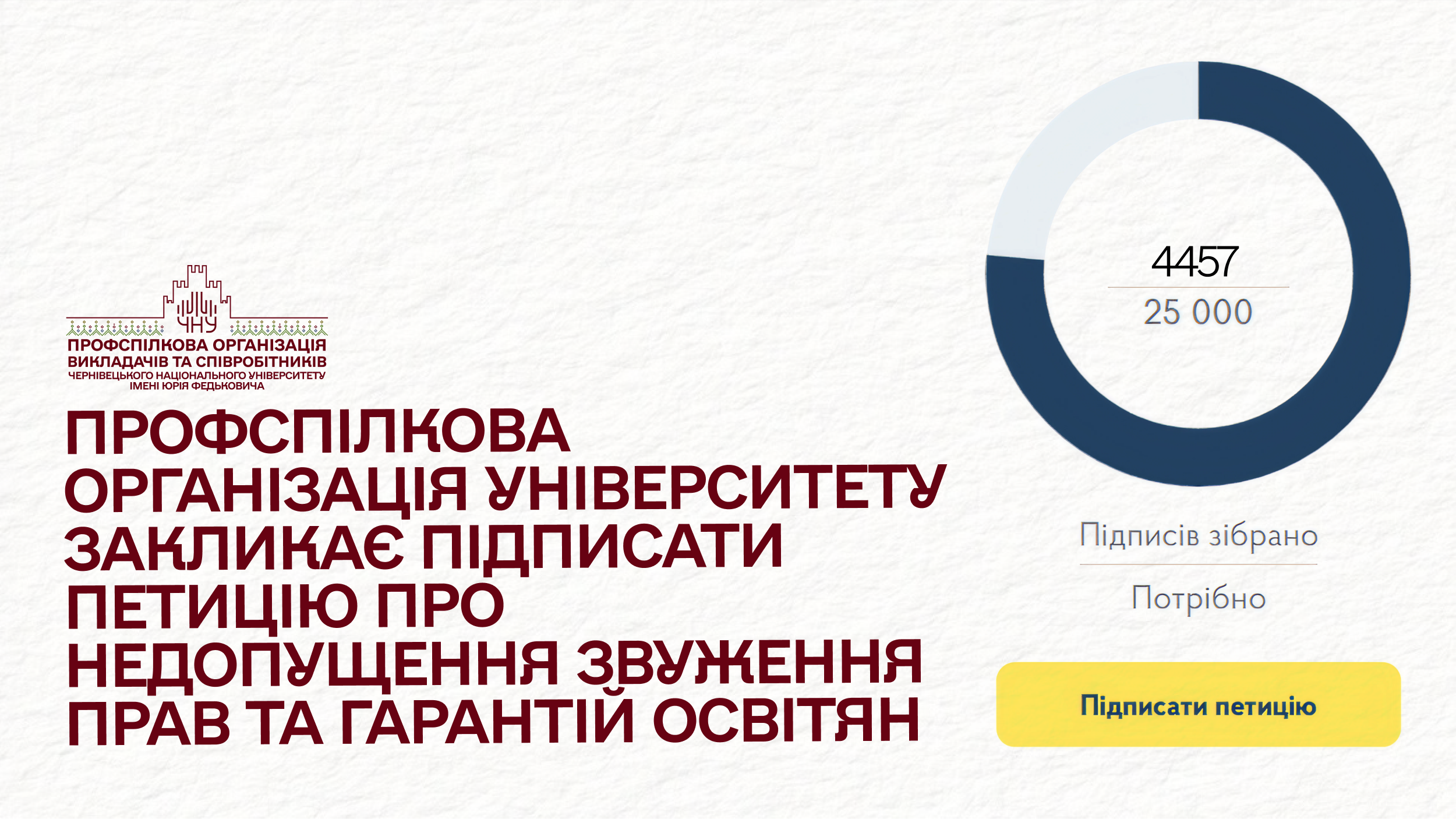 Профспілкова організація університету закликає підписати петицію про недопущення звуження прав та гарантій освітян